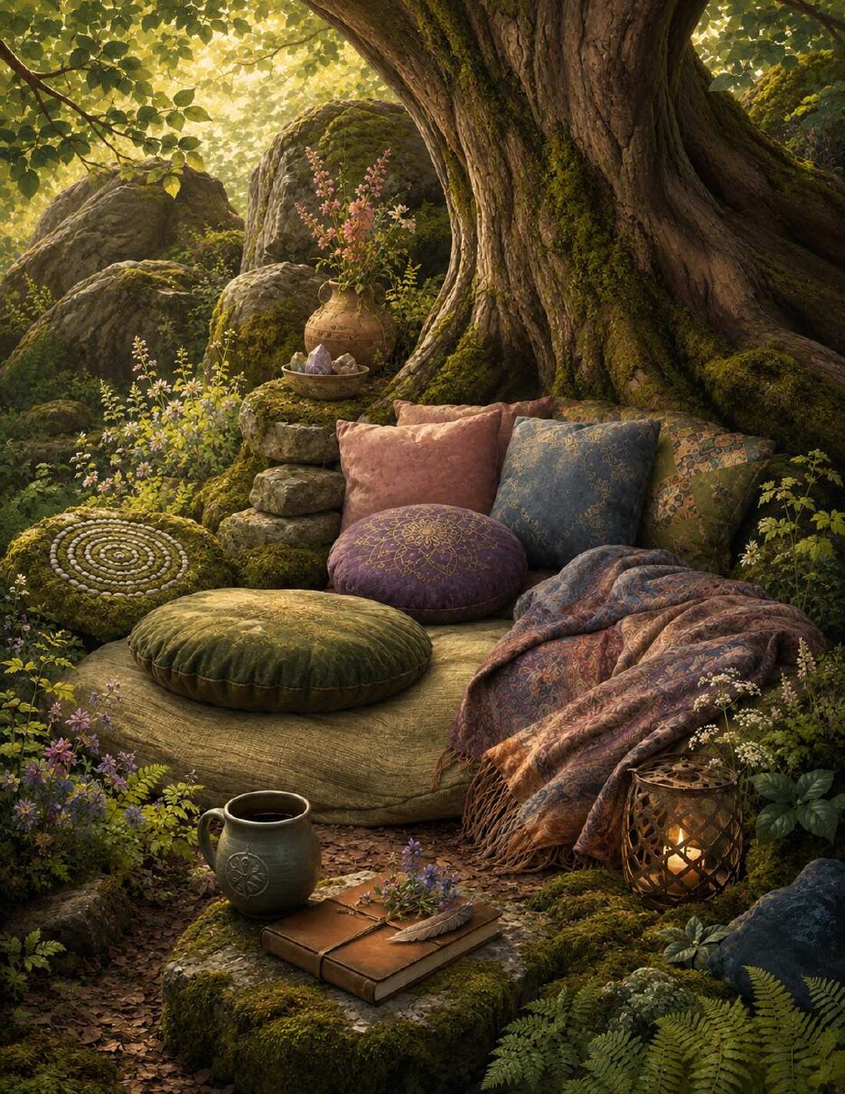 A sheltered personal sanctuary beneath an old tree in the Safe and Grounded workbook